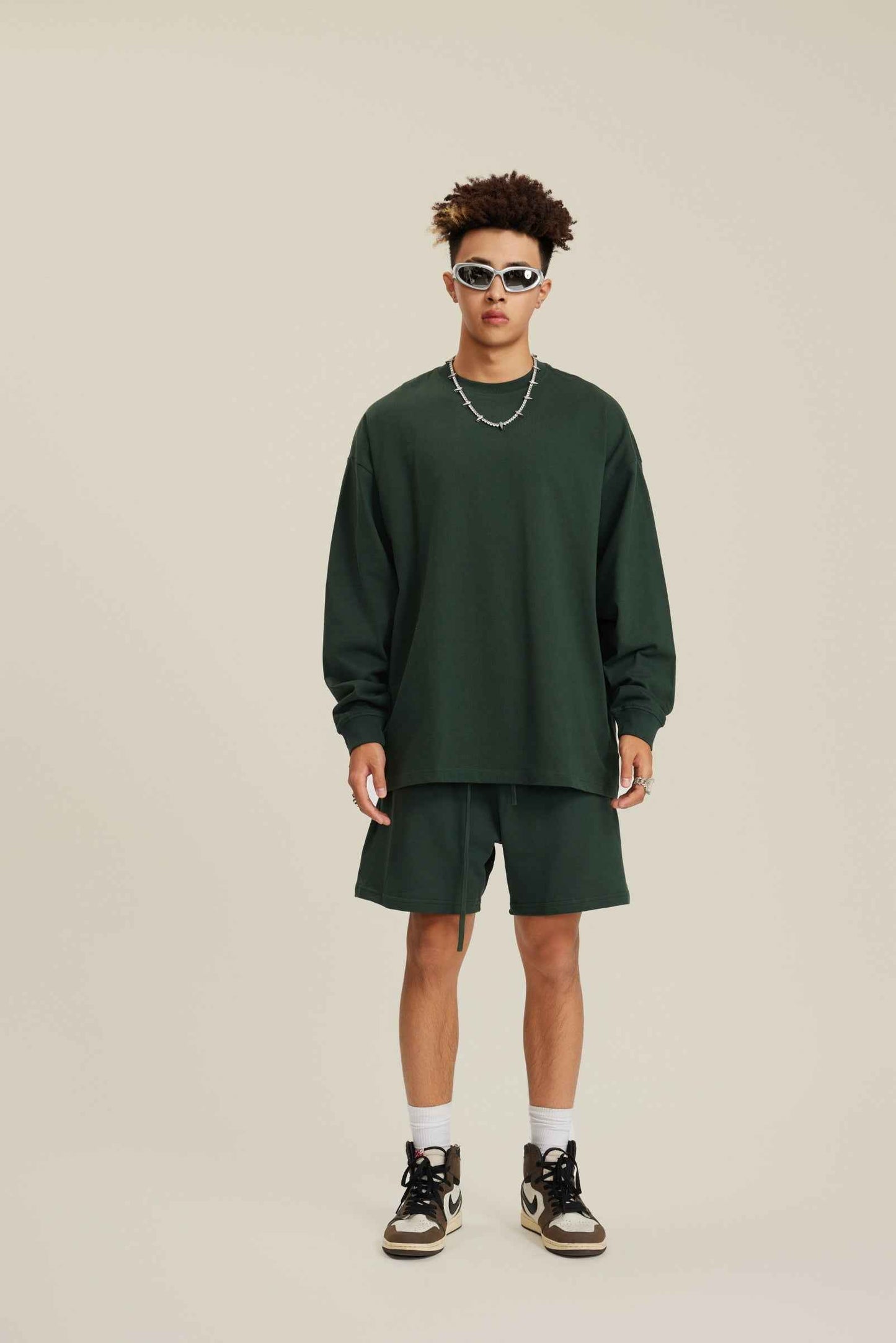 305GSM Unisex Premium Heavyweight Double-Yarn Plain Fabric Earth-Tone Basic Layering Long sleeve Tee