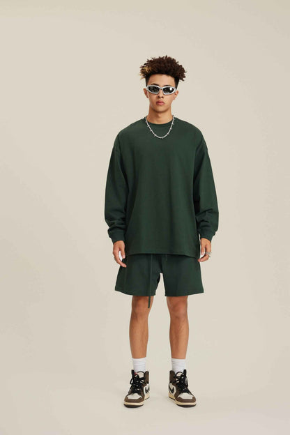 305GSM Unisex Premium Heavyweight Double-Yarn Plain Fabric Earth-Tone Basic Layering Long sleeve Tee