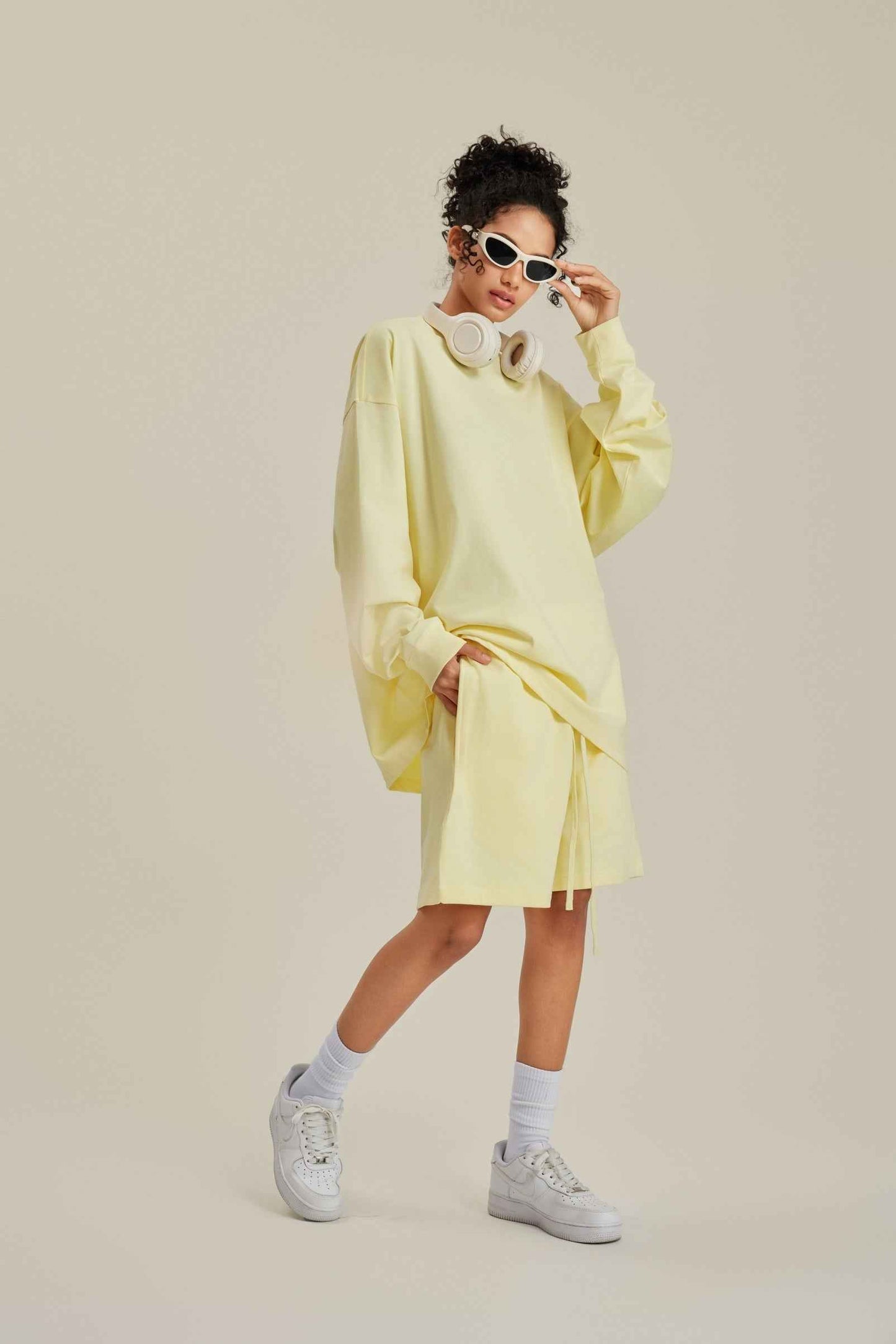 305GSM Unisex Premium Heavyweight Double-Yarn Plain Fabric Earth-Tone Basic Layering Long sleeve Tee