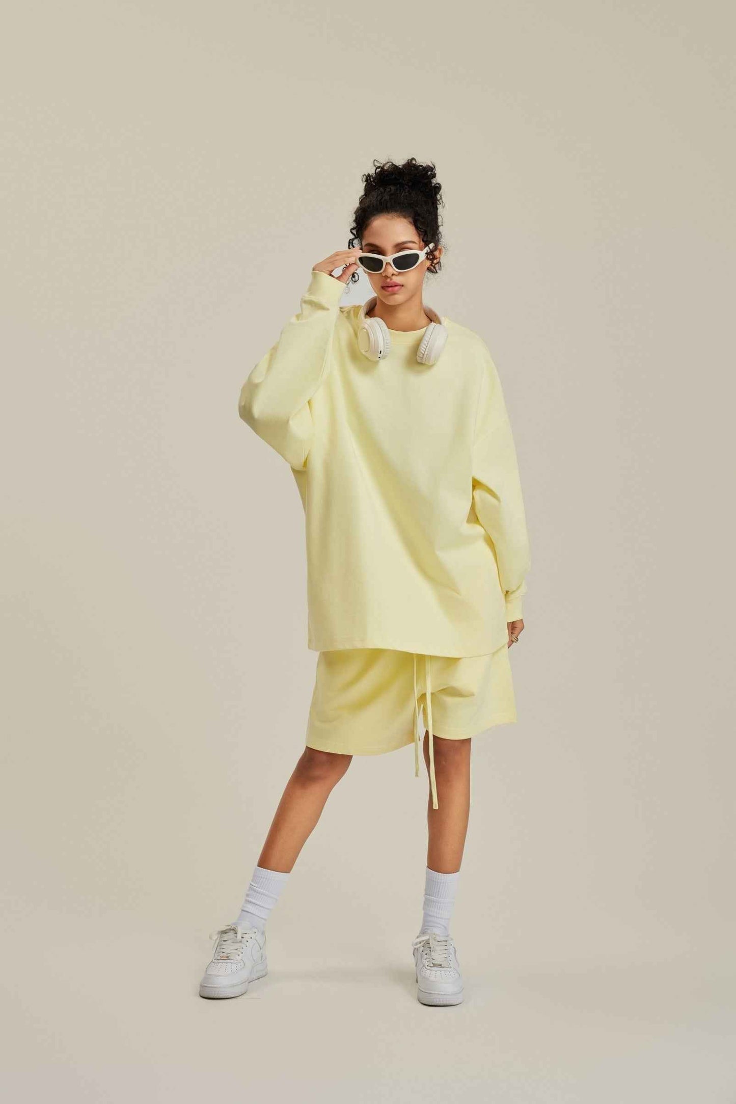 305GSM Unisex Premium Heavyweight Double-Yarn Plain Fabric Earth-Tone Basic Layering Long sleeve Tee