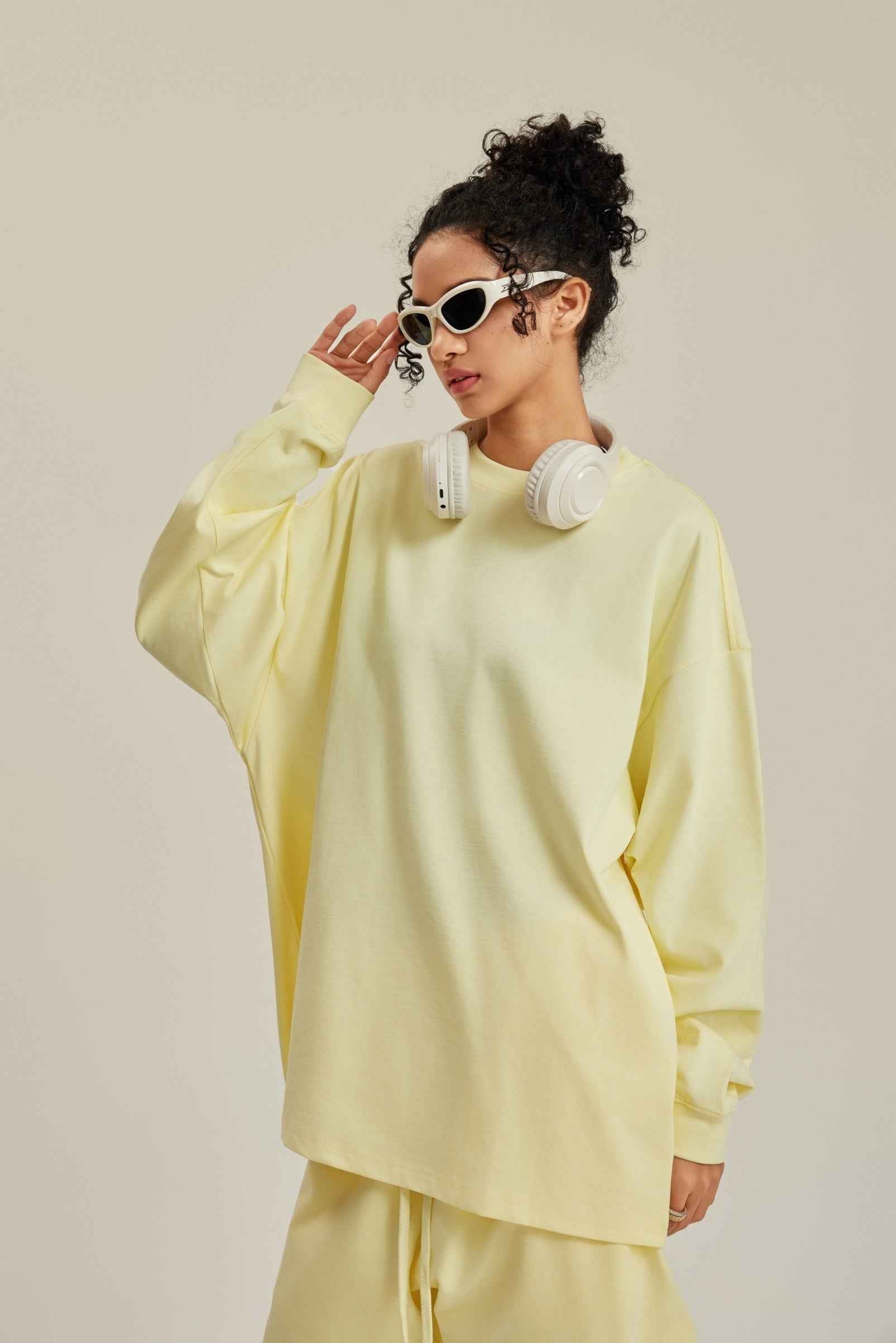 305GSM Unisex Premium Heavyweight Double-Yarn Plain Fabric Earth-Tone Basic Layering Long sleeve Tee