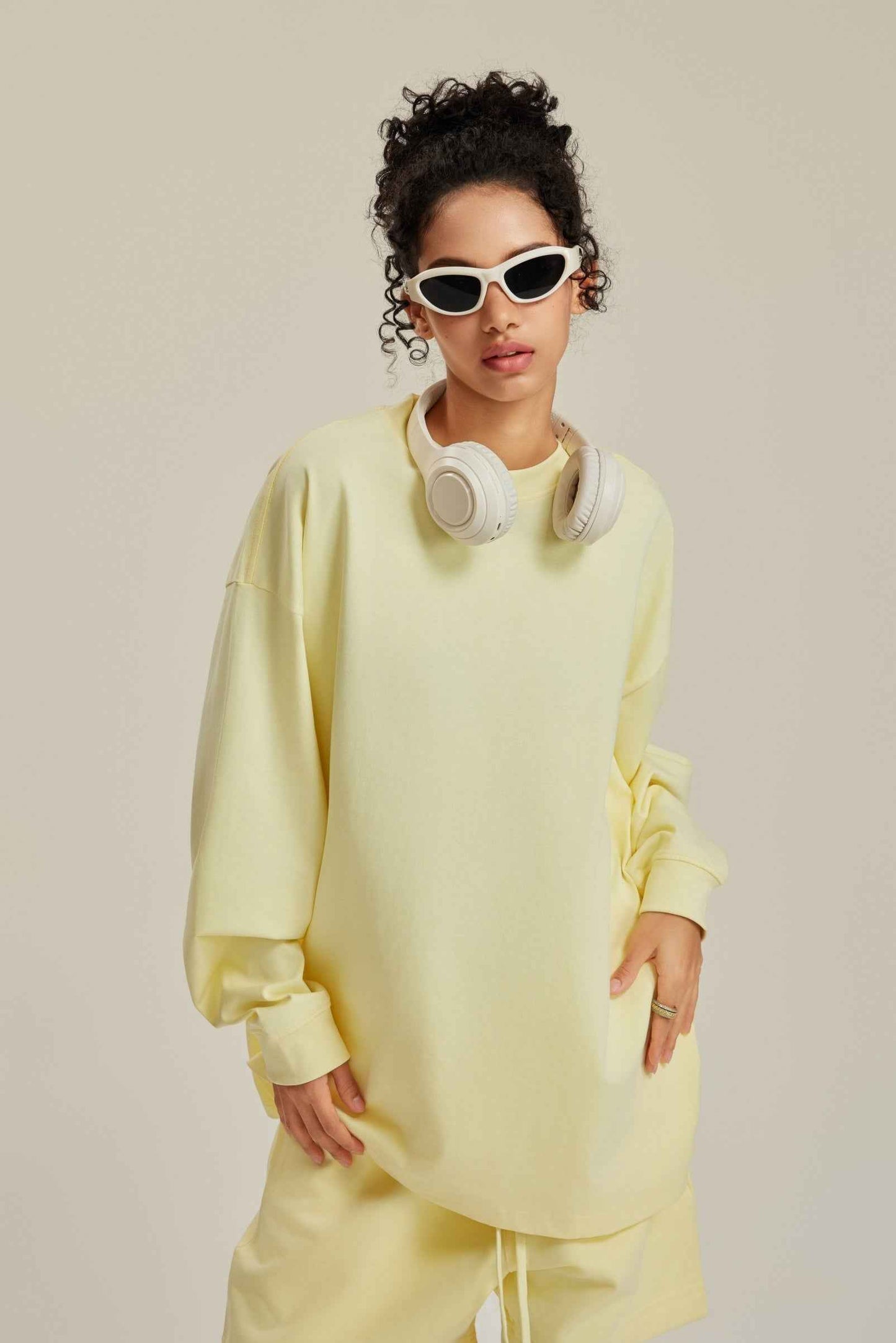 305GSM Unisex Premium Heavyweight Double-Yarn Plain Fabric Earth-Tone Basic Layering Long sleeve Tee