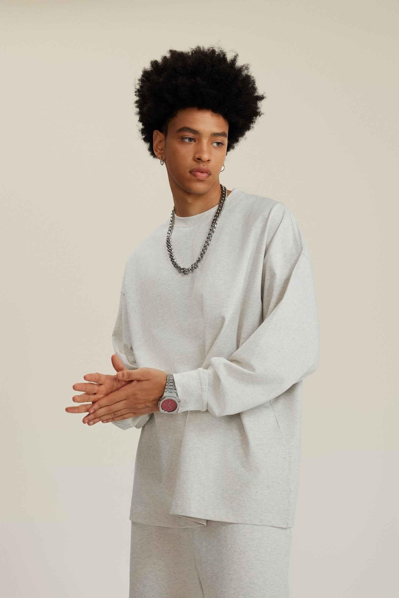 305GSM Unisex Premium Heavyweight Double-Yarn Plain Fabric Earth-Tone Basic Layering Long sleeve Tee