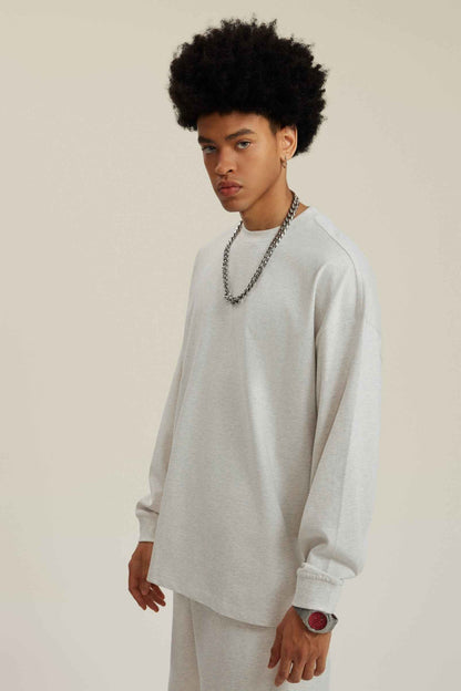 305GSM Unisex Premium Heavyweight Double-Yarn Plain Fabric Earth-Tone Basic Layering Long sleeve Tee