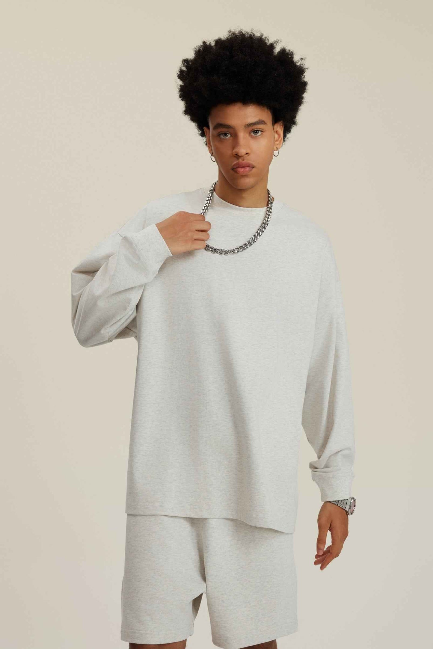 305GSM Unisex Premium Heavyweight Double-Yarn Plain Fabric Earth-Tone Basic Layering Long sleeve Tee
