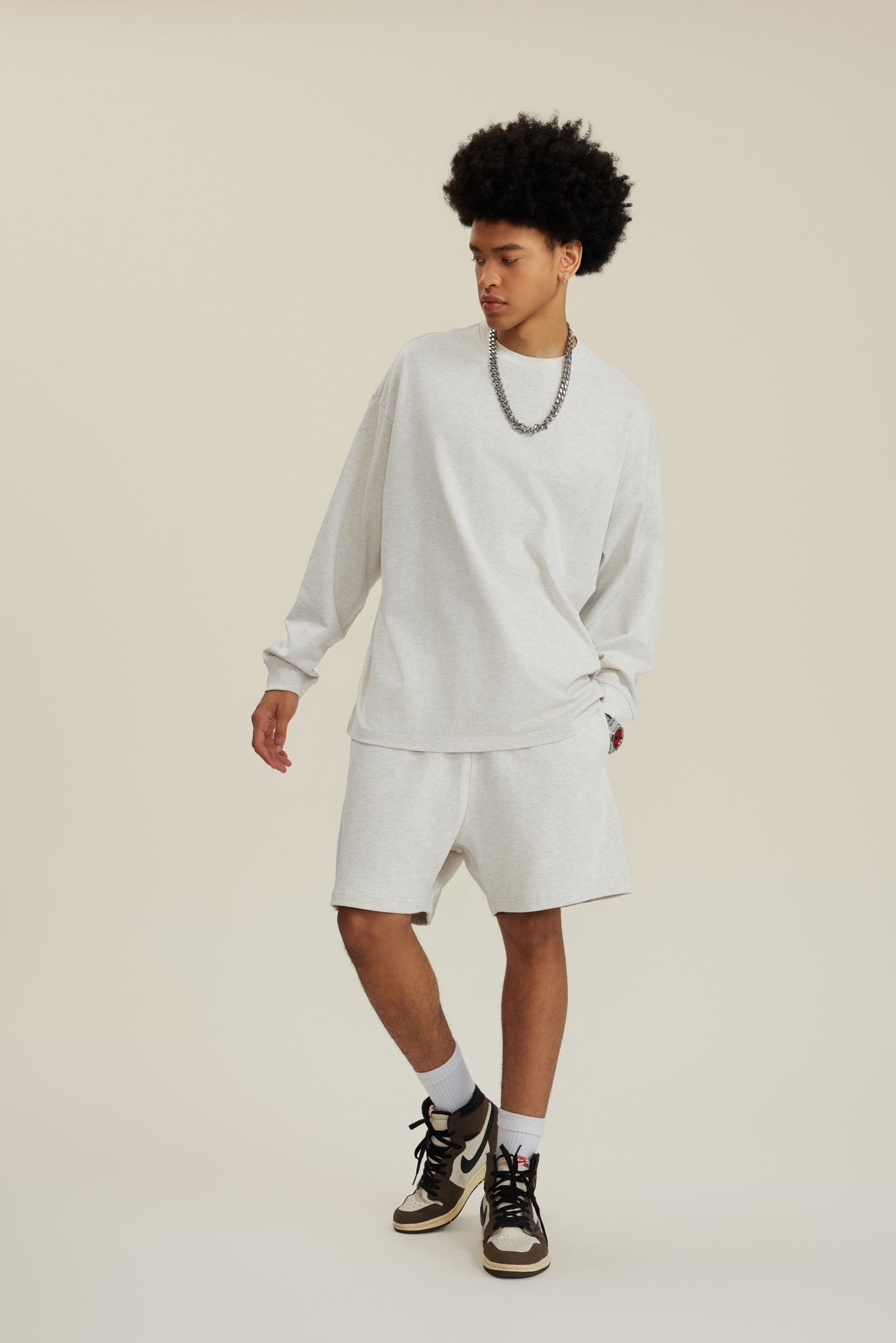 305GSM Unisex Premium Heavyweight Double-Yarn Plain Fabric Earth-Tone Basic Layering Long sleeve Oatmeal Grey