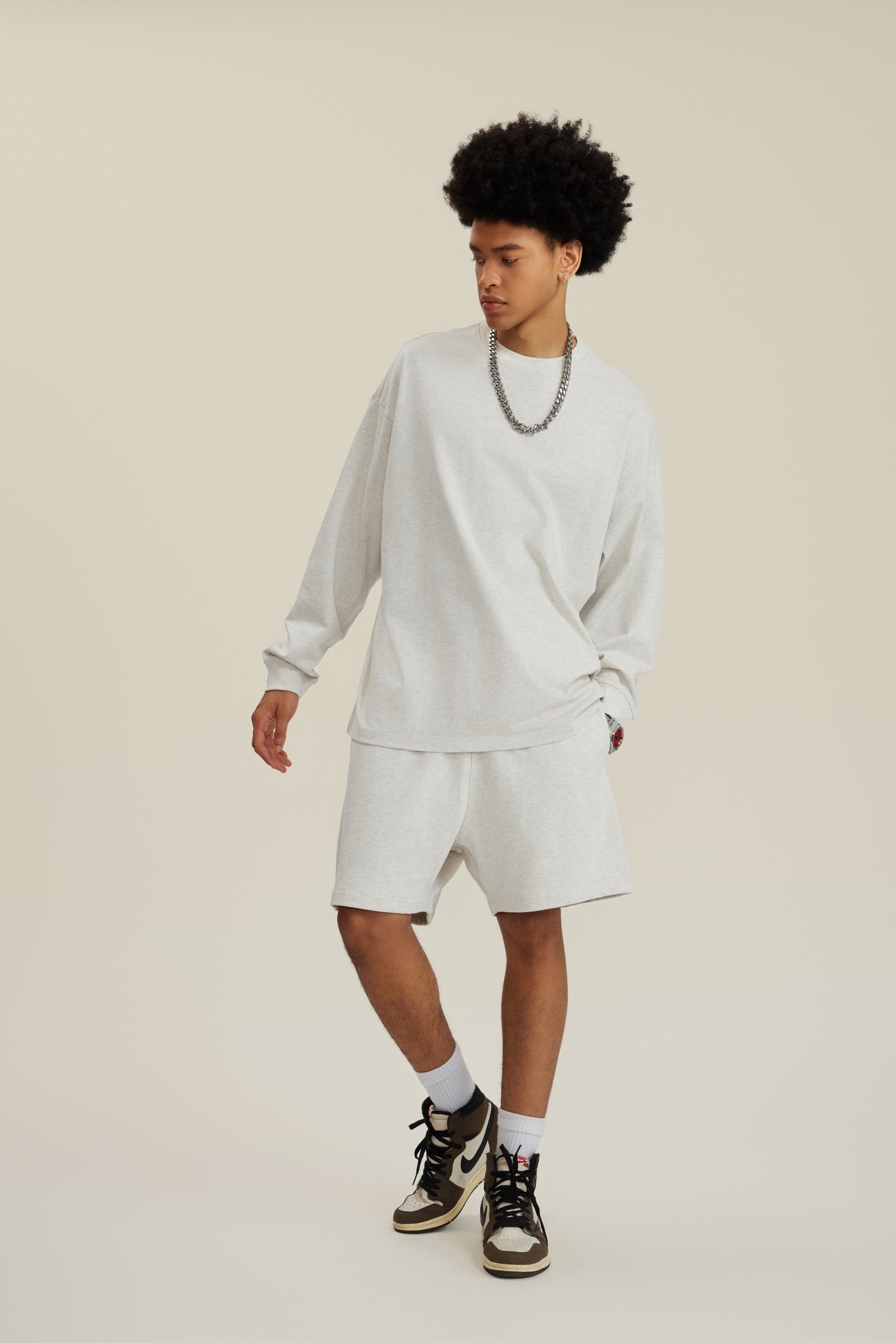305GSM Unisex Premium Heavyweight Double-Yarn Plain Fabric Earth-Tone Basic Layering Long sleeve Oatmeal Grey