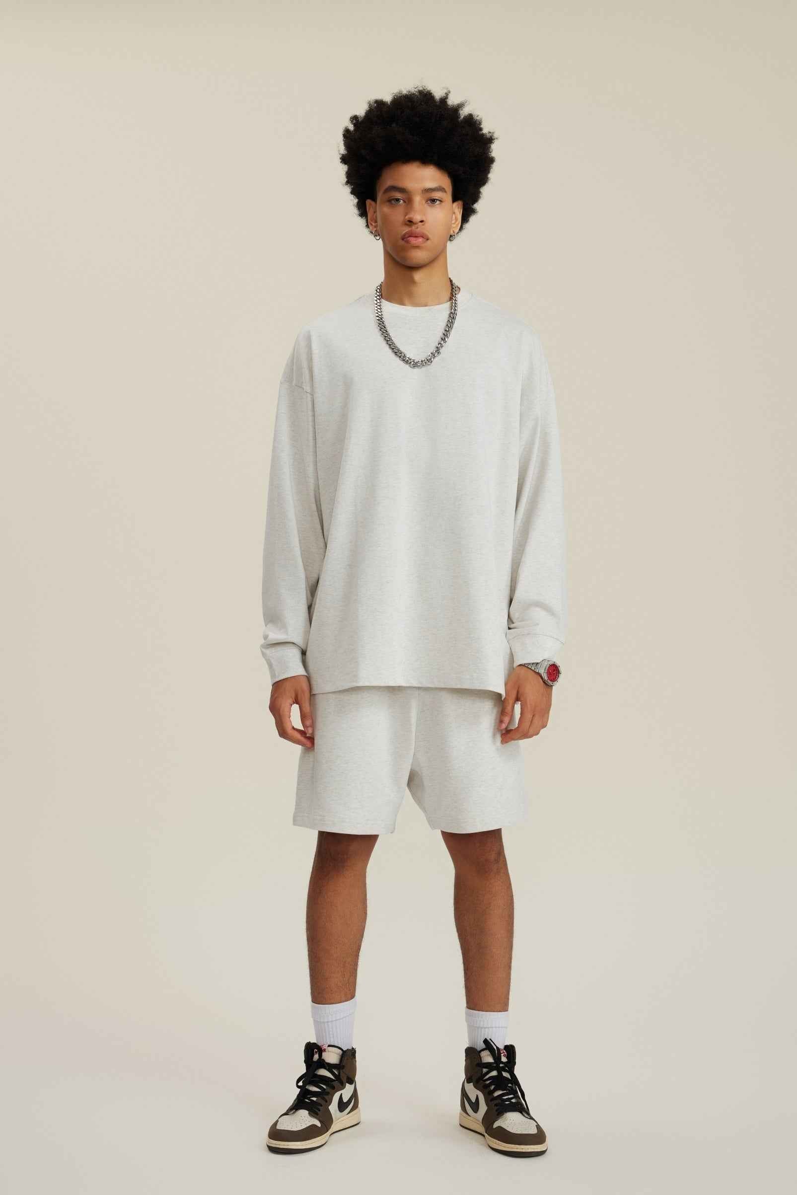 305GSM Unisex Premium Heavyweight Double-Yarn Plain Fabric Earth-Tone Basic Layering Long sleeve Tee