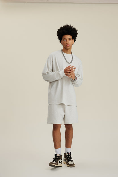 305GSM Unisex Premium Heavyweight Double-Yarn Plain Fabric Earth-Tone Basic Layering Long sleeve Oatmeal Grey