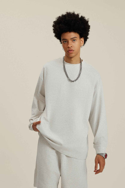 305GSM Unisex Premium Heavyweight Double-Yarn Plain Fabric Earth-Tone Basic Layering Long sleeve Tee