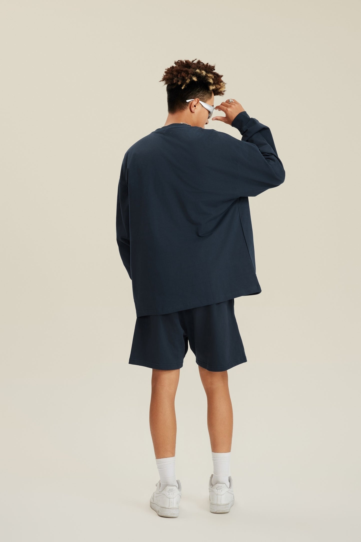305GSM Unisex Premium Heavyweight Double-Yarn Plain Fabric Earth-Tone Basic Layering Long sleeve Navy Blue