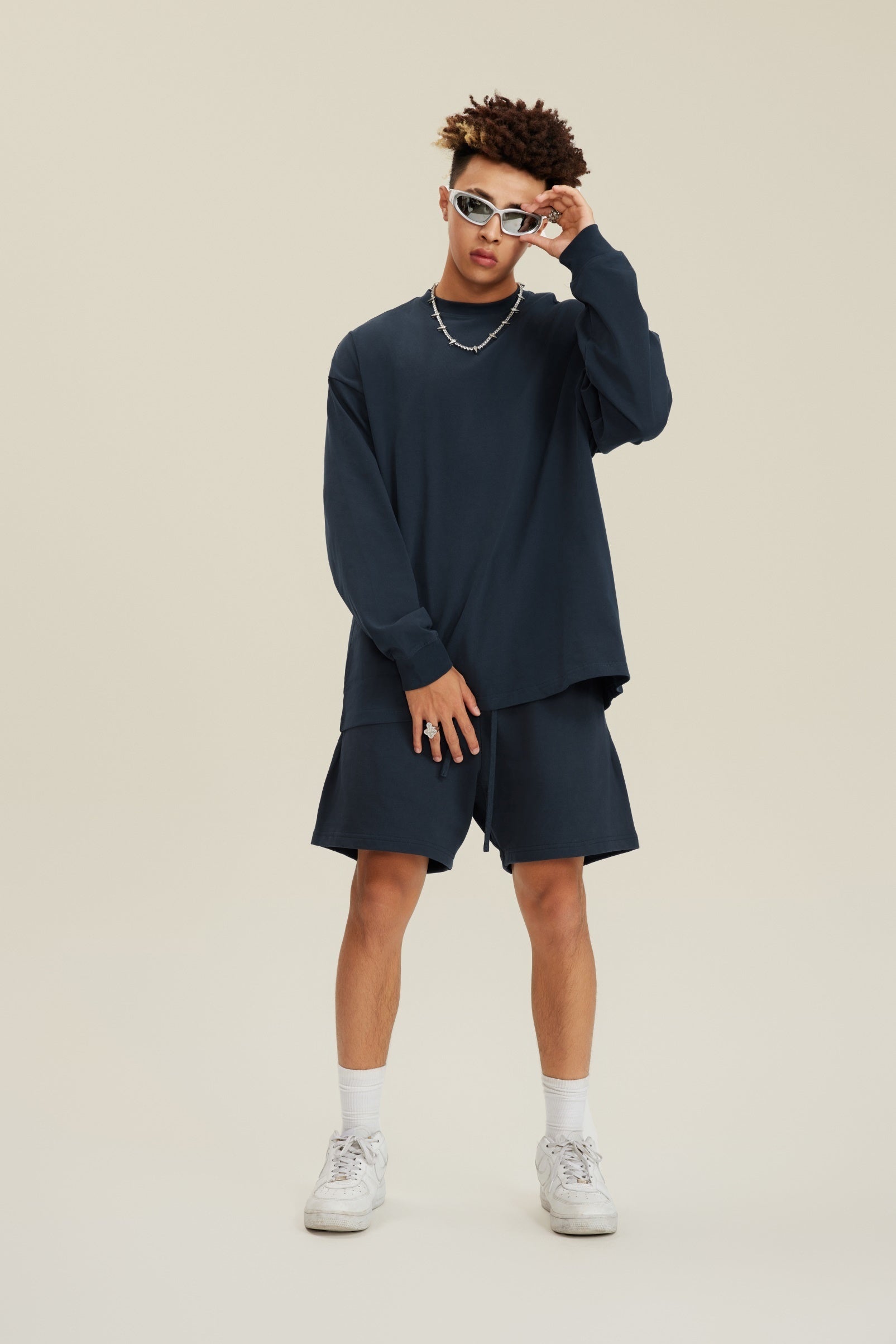 305GSM Unisex Premium Heavyweight Double-Yarn Plain Fabric Earth-Tone Basic Layering Long sleeve Navy Blue