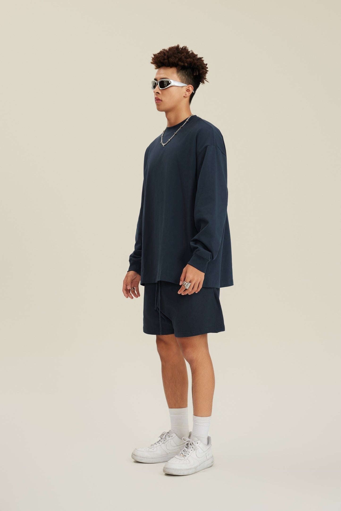 305GSM Unisex Premium Heavyweight Double-Yarn Plain Fabric Earth-Tone Basic Layering Long sleeve Navy Blue