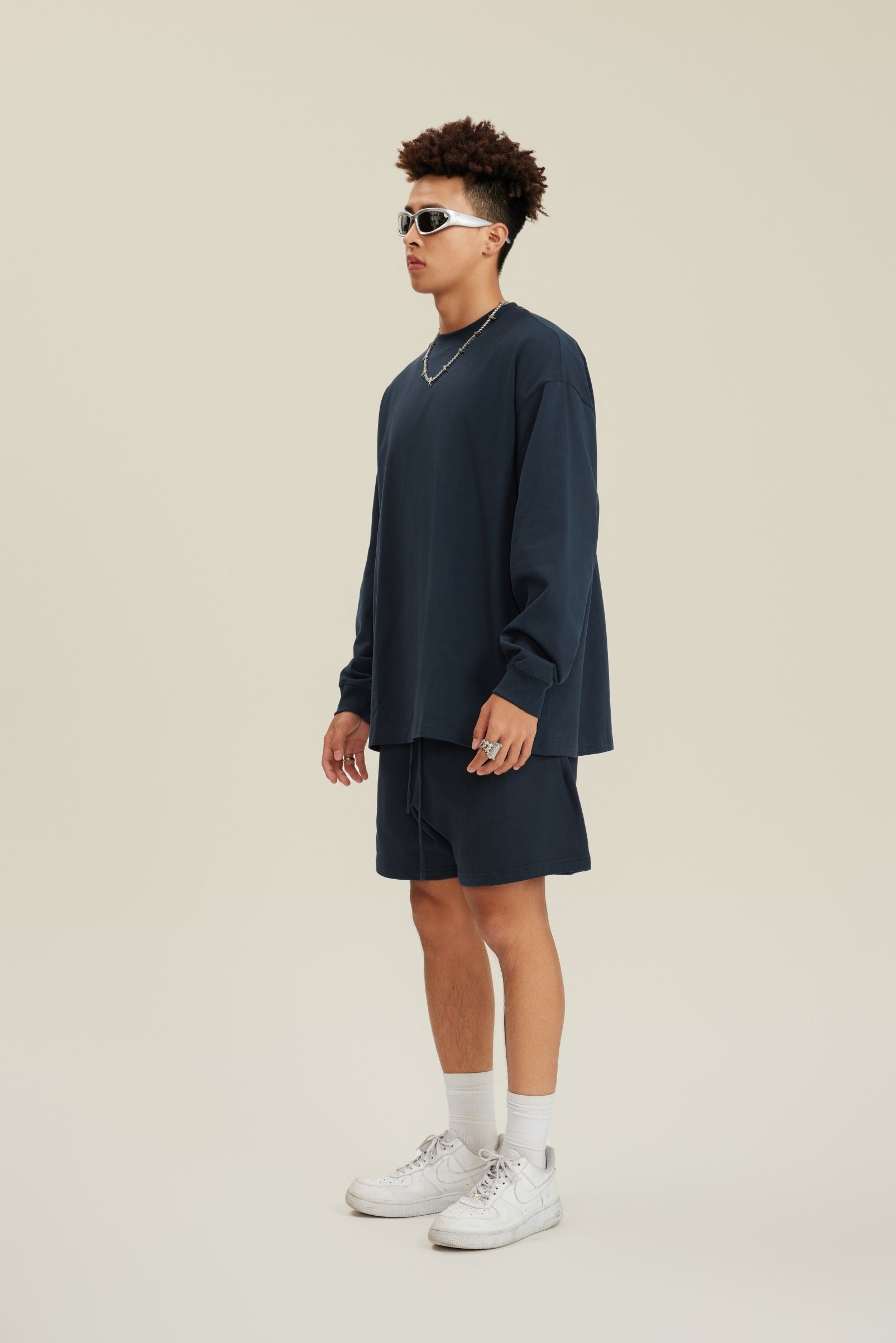 305GSM Unisex Premium Heavyweight Double-Yarn Plain Fabric Earth-Tone Basic Layering Long sleeve Navy Blue