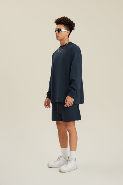 305GSM Unisex Premium Heavyweight Double-Yarn Plain Fabric Earth-Tone Basic Layering Long sleeve Navy Blue