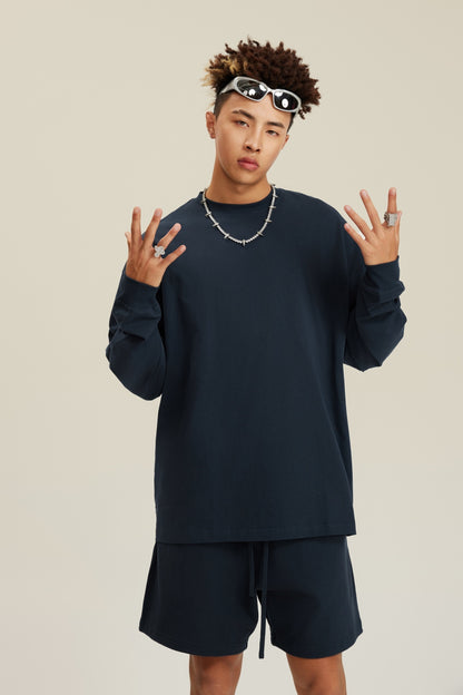 305GSM Unisex Premium Heavyweight Double-Yarn Plain Fabric Earth-Tone Basic Layering Long sleeve Navy Blue