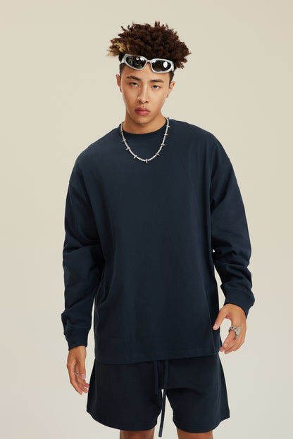 305GSM Unisex Premium Heavyweight Double-Yarn Plain Fabric Earth-Tone Basic Layering Long sleeve Navy Blue