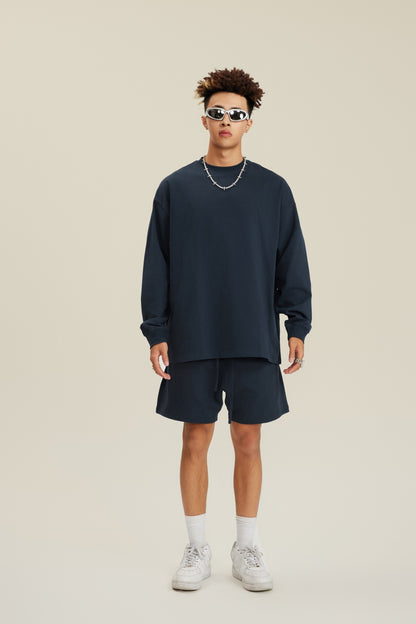 305GSM Unisex Premium Heavyweight Double-Yarn Plain Fabric Earth-Tone Basic Layering Long sleeve Navy Blue