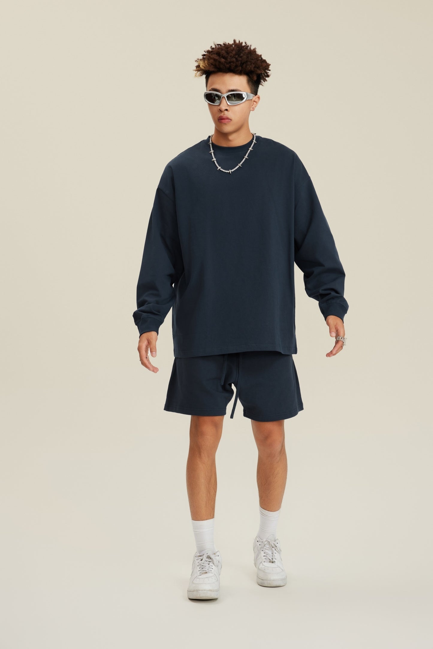 305GSM Unisex Premium Heavyweight Double-Yarn Plain Fabric Earth-Tone Basic Layering Long sleeve Navy Blue
