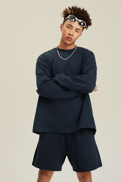 305GSM Unisex Premium Heavyweight Double-Yarn Plain Fabric Earth-Tone Basic Layering Long sleeve Navy Blue
