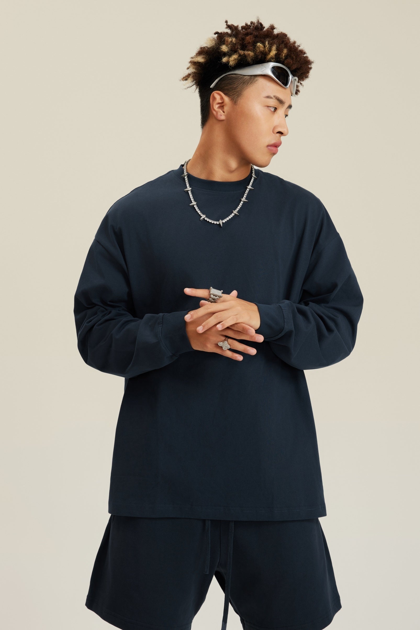 305GSM Unisex Premium Heavyweight Double-Yarn Plain Fabric Earth-Tone Basic Layering Long sleeve Navy Blue