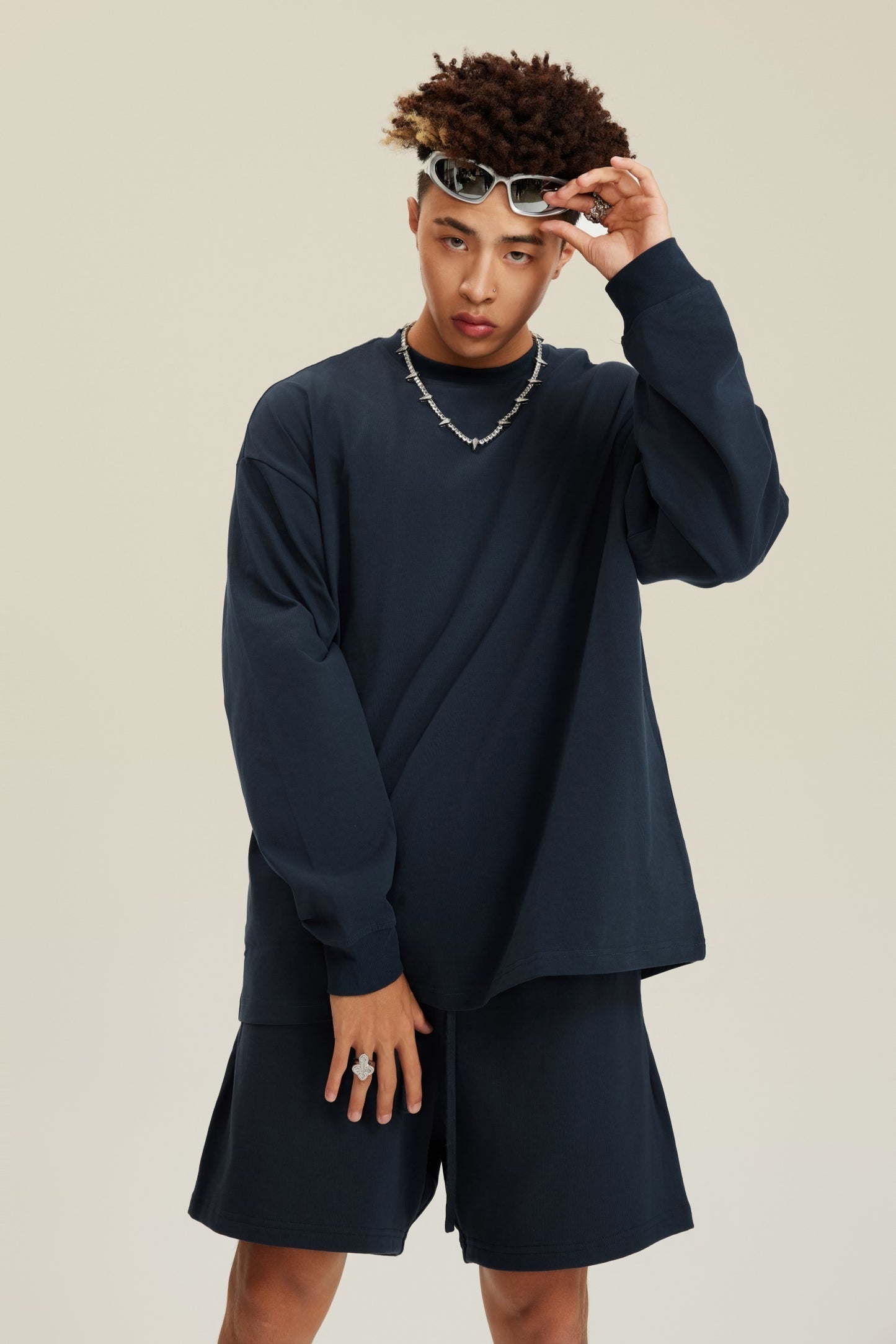 305GSM Unisex Premium Heavyweight Double-Yarn Plain Fabric Earth-Tone Basic Layering Long sleeve Navy Blue