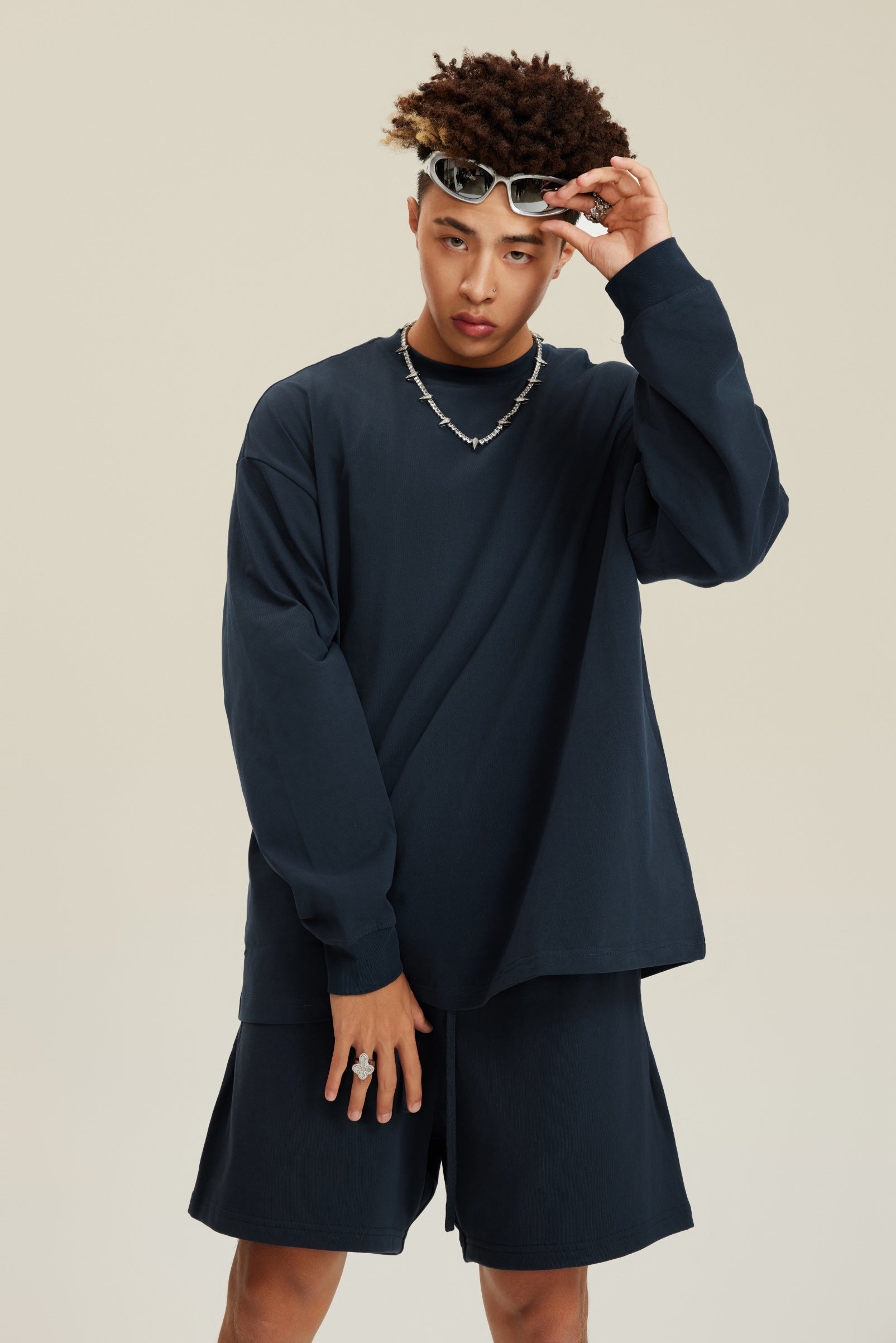 305GSM Unisex Premium Heavyweight Double-Yarn Plain Fabric Earth-Tone Basic Layering Long sleeve Navy Blue