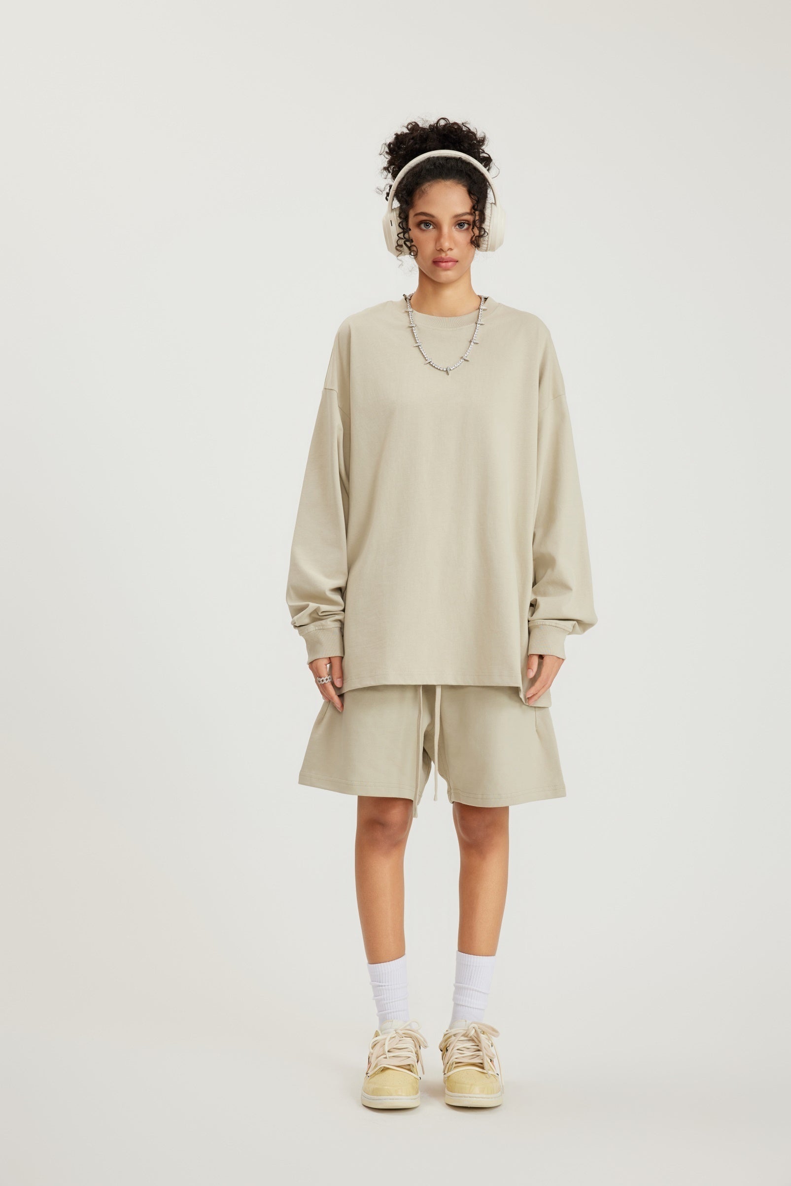 305GSM Unisex Premium Heavyweight Double-Yarn Plain Fabric Earth-Tone Basic Layering Long sleeve Sand