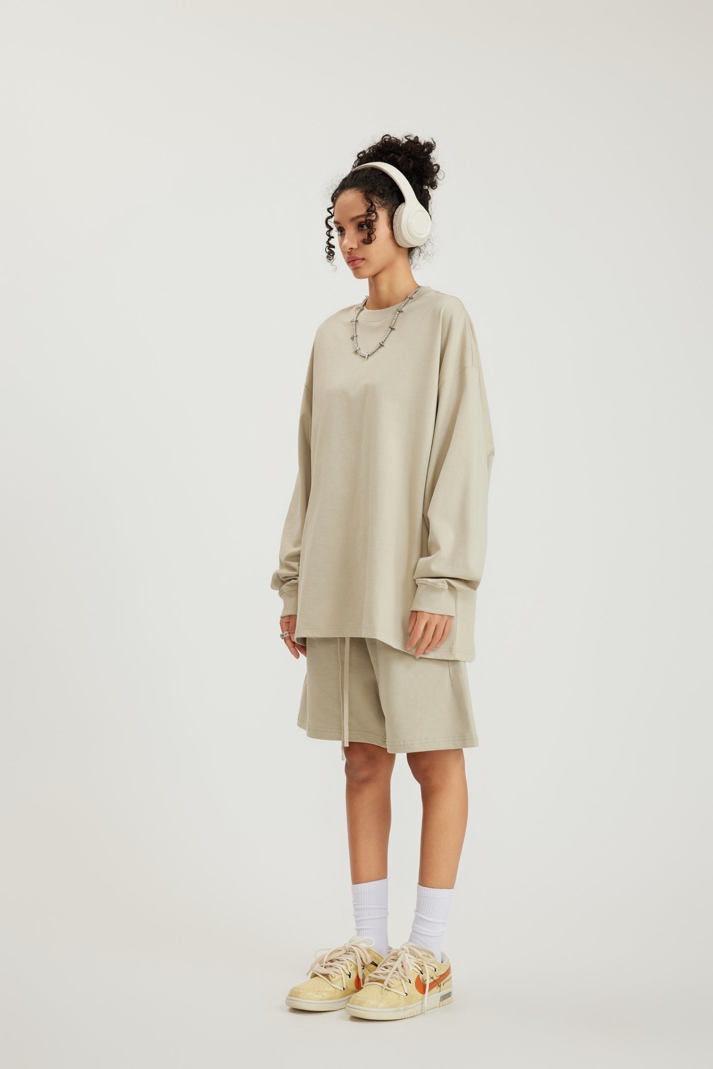 305GSM Unisex Premium Heavyweight Double-Yarn Plain Fabric Earth-Tone Basic Layering Long sleeve Sand