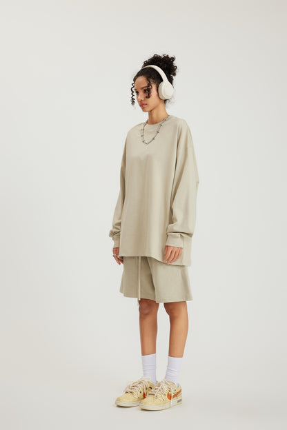 305GSM Unisex Premium Heavyweight Double-Yarn Plain Fabric Earth-Tone Basic Layering Long sleeve Sand