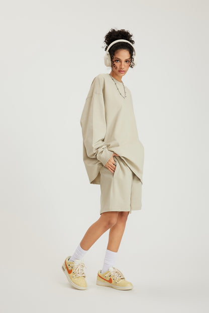 305GSM Unisex Premium Heavyweight Double-Yarn Plain Fabric Earth-Tone Basic Layering Long sleeve Sand