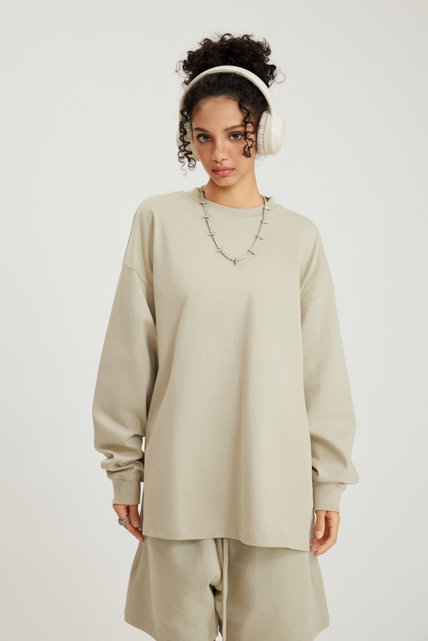 305GSM Unisex Premium Heavyweight Double-Yarn Plain Fabric Earth-Tone Basic Layering Long sleeve Sand