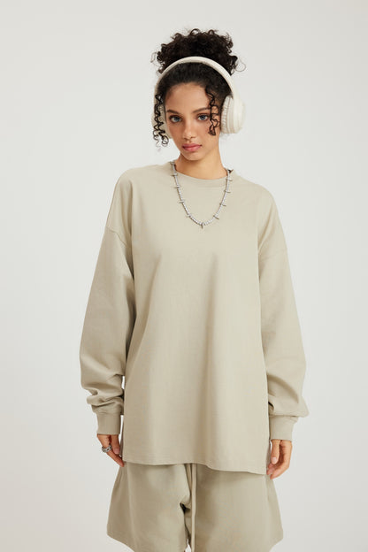 305GSM Unisex Premium Heavyweight Double-Yarn Plain Fabric Earth-Tone Basic Layering Long sleeve Sand