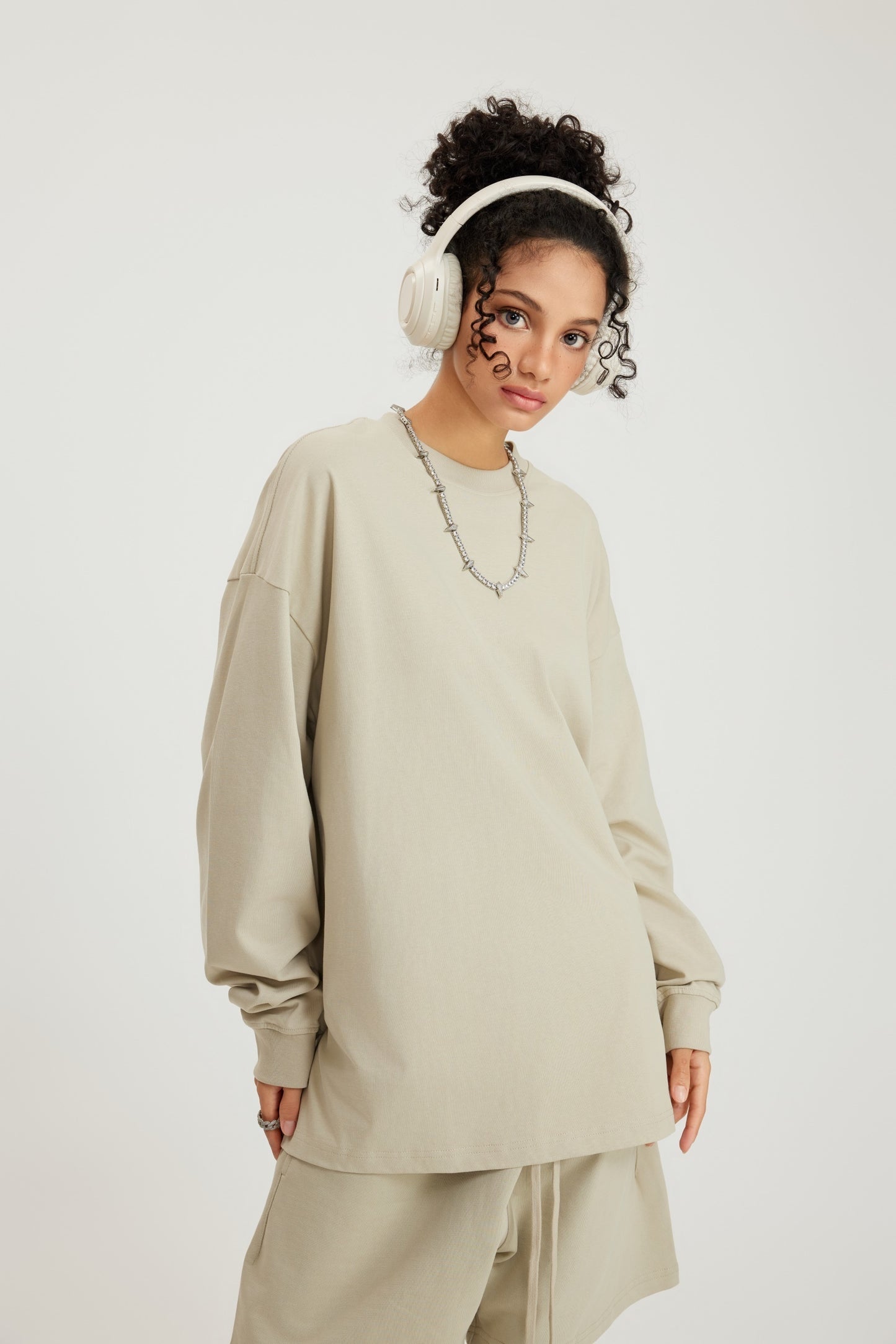 305GSM Unisex Premium Heavyweight Double-Yarn Plain Fabric Earth-Tone Basic Layering Long sleeve Sand
