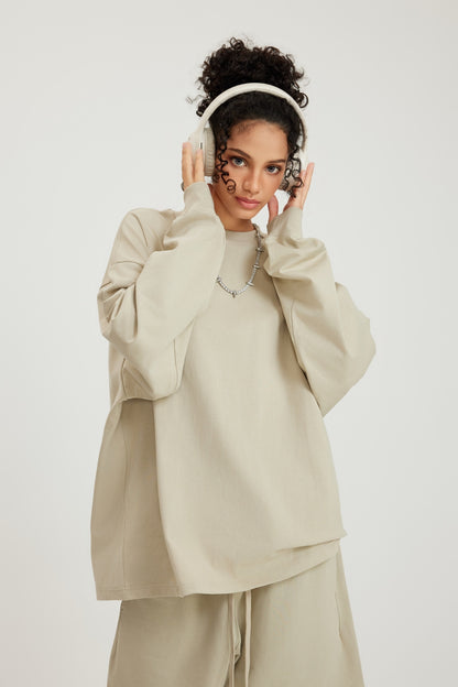 305GSM Unisex Premium Heavyweight Double-Yarn Plain Fabric Earth-Tone Basic Layering Long sleeve Sand