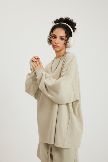 305GSM Unisex Premium Heavyweight Double-Yarn Plain Fabric Earth-Tone Basic Layering Long sleeve Sand