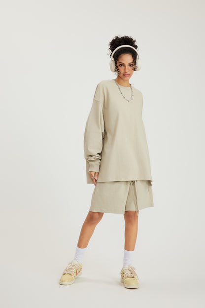 305GSM Unisex Premium Heavyweight Double-Yarn Plain Fabric Earth-Tone Basic Layering Long sleeve Sand