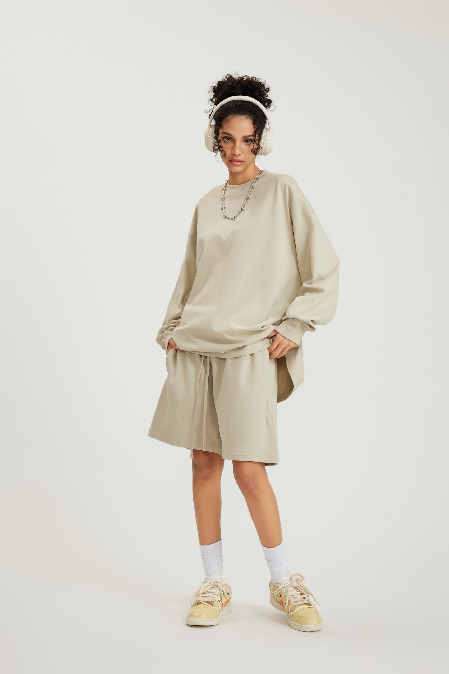 305GSM Unisex Premium Heavyweight Double-Yarn Plain Fabric Earth-Tone Basic Layering Long sleeve Sand