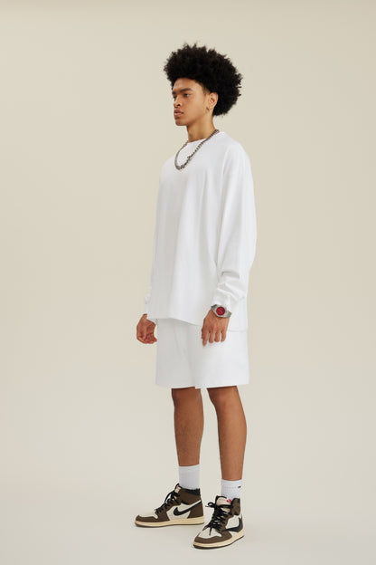 305GSM Unisex Premium Heavyweight Double-Yarn Plain Fabric Earth-Tone Basic Layering Long sleeve White