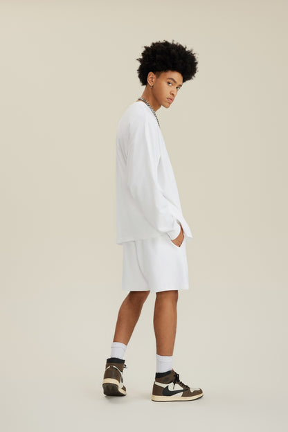 305GSM Unisex Premium Heavyweight Double-Yarn Plain Fabric Earth-Tone Basic Layering Long sleeve White
