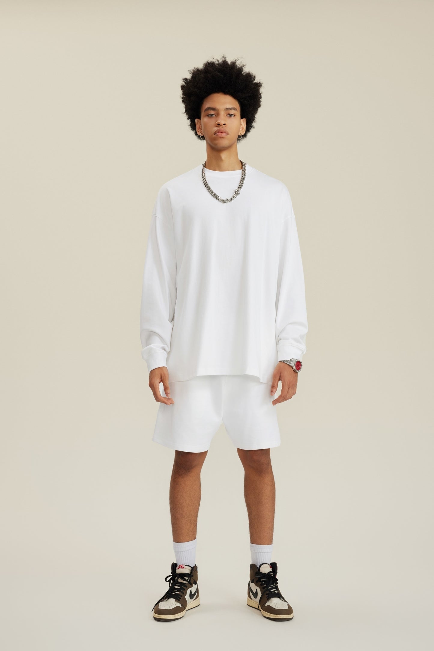305GSM Unisex Premium Heavyweight Double-Yarn Plain Fabric Earth-Tone Basic Layering Long sleeve White