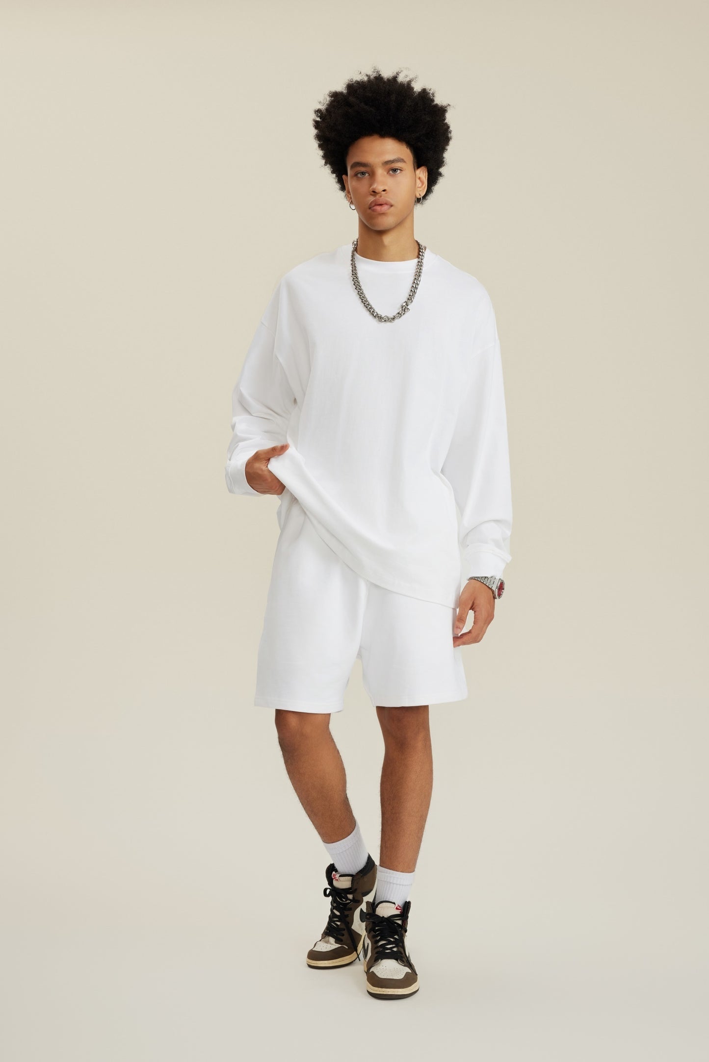 305GSM Unisex Premium Heavyweight Double-Yarn Plain Fabric Earth-Tone Basic Layering Long sleeve White