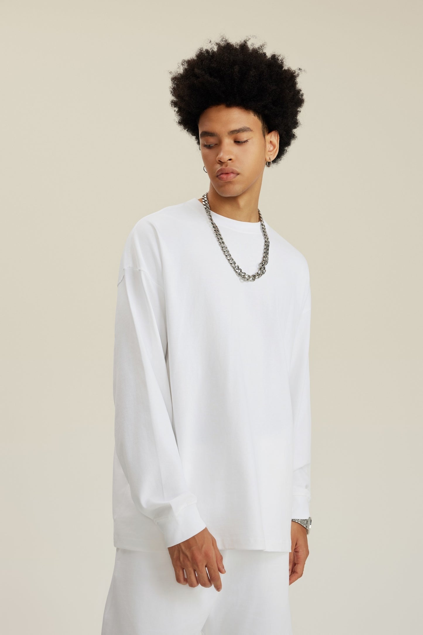 305GSM Unisex Premium Heavyweight Double-Yarn Plain Fabric Earth-Tone Basic Layering Long sleeve White