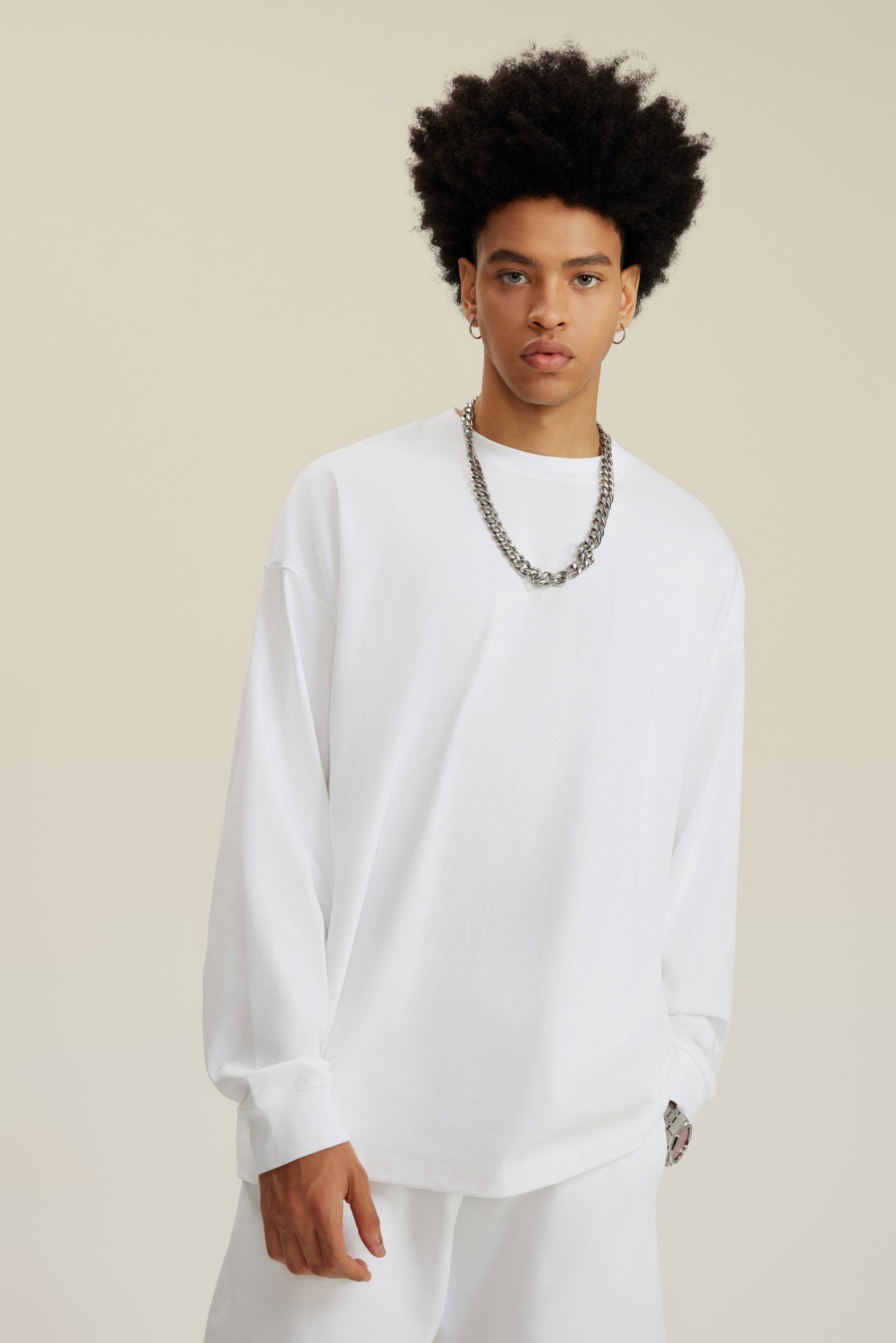 305GSM Unisex Premium Heavyweight Double-Yarn Plain Fabric Earth-Tone Basic Layering Long sleeve White