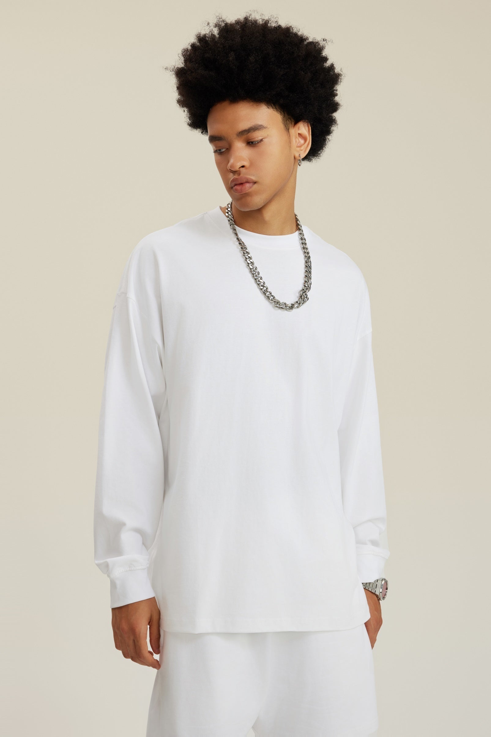 305GSM Unisex Premium Heavyweight Double-Yarn Plain Fabric Earth-Tone Basic Layering Long sleeve White