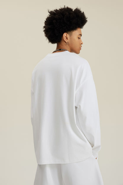 305GSM Unisex Premium Heavyweight Double-Yarn Plain Fabric Earth-Tone Basic Layering Long sleeve White