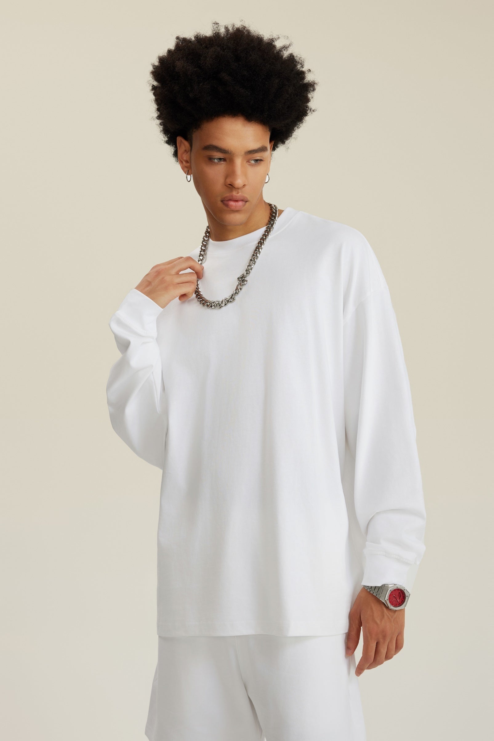 305GSM Unisex Premium Heavyweight Double-Yarn Plain Fabric Earth-Tone Basic Layering Long sleeve White