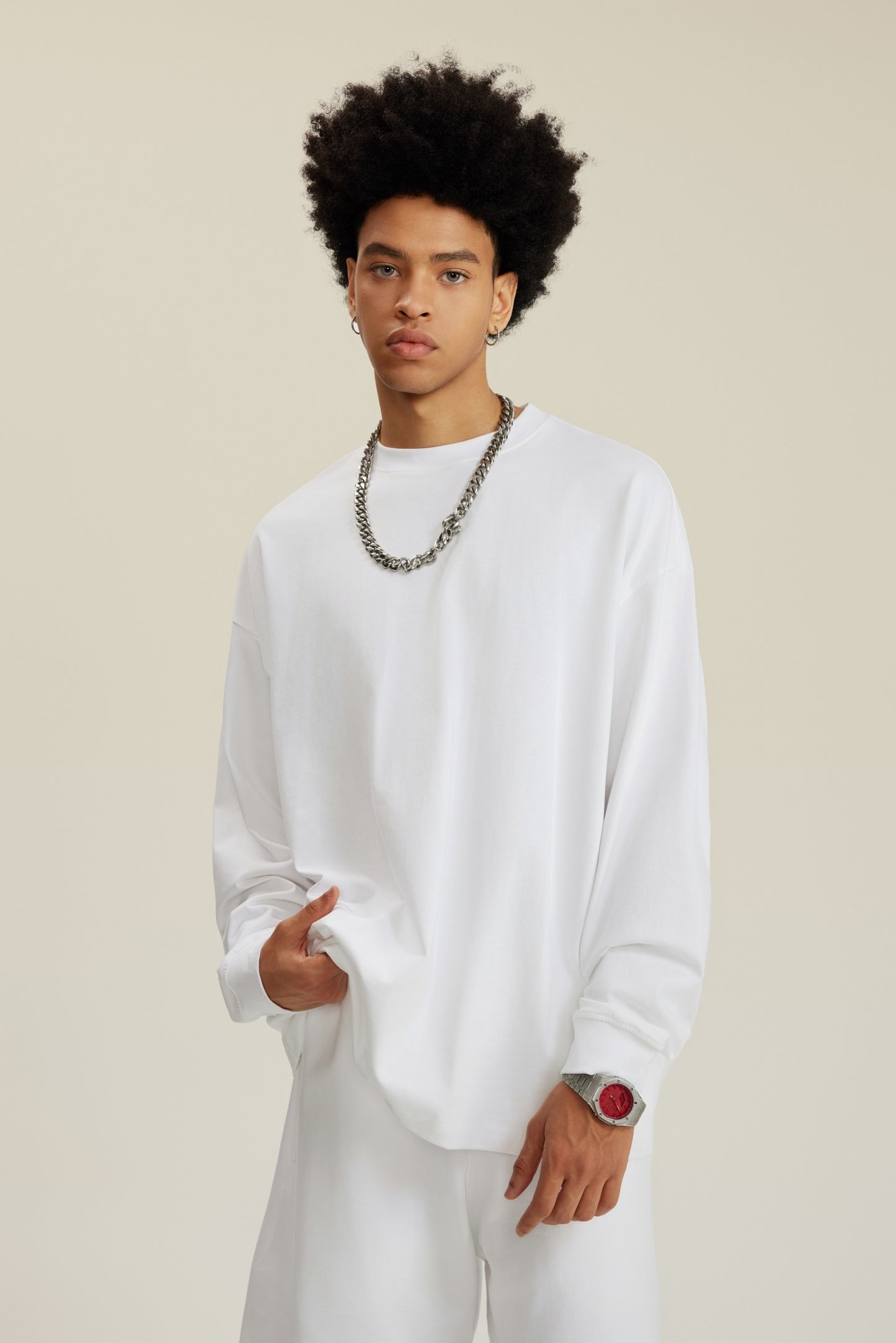 305GSM Unisex Premium Heavyweight Double-Yarn Plain Fabric Earth-Tone Basic Layering Long sleeve White
