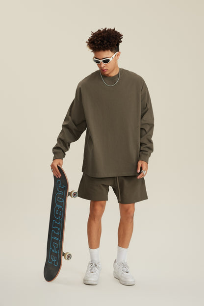 305GSM Unisex Premium Heavyweight Double-Yarn Plain Fabric Earth-Tone Basic Layering Long sleeve Brown