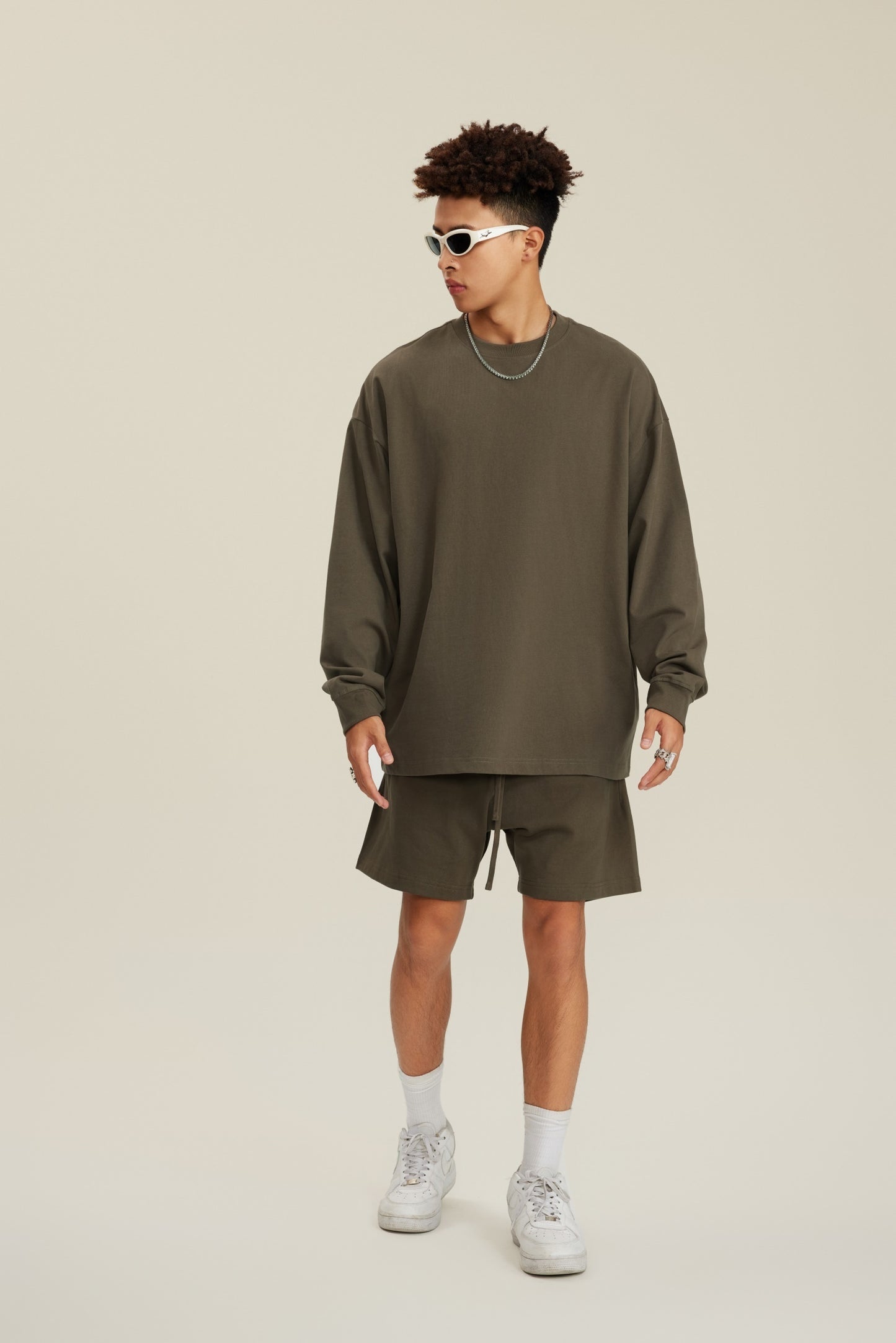 305GSM Unisex Premium Heavyweight Double-Yarn Plain Fabric Earth-Tone Basic Layering Long sleeve Brown